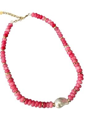 MacRae Rhodochrosite Pink Gemstone Necklace with Freshwater Pearl Accent